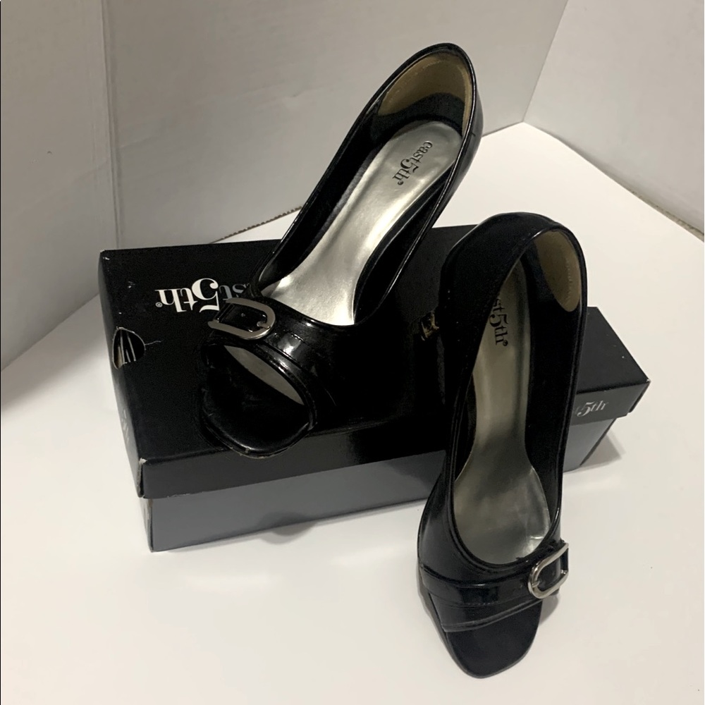 Black Peeptoe Pumps with Silver Buckle